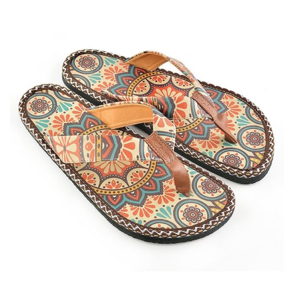 Calceo Shoes - Brown & Red Mandala Flip-Flop - Calceo Line of Goby Shoes